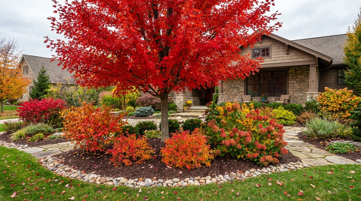 Red maple tree and shrubs in a Southwest Ohio landscape